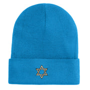 Gold Star of David Iron on Patched 12 Inch Long Knitted Beanie - Aqua OSFM