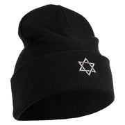 Small Silver Star of David Iron on Patched 12 Inch Long Knitted Beanie - Black OSFM