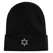 Small Silver Star of David Iron on Patched 12 Inch Long Knitted Beanie - Black OSFM