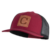 Large C Outline Faux Leather Patched Mesh Trucker Cap - Burgundy Black OSFM