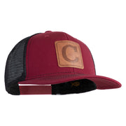 Large C Outline Faux Leather Patched Mesh Trucker Cap - Burgundy Black OSFM