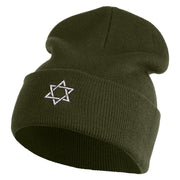 Small Silver Star of David Iron on Patched 12 Inch Long Knitted Beanie - Olive OSFM