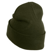 Small Silver Star of David Iron on Patched 12 Inch Long Knitted Beanie - Olive OSFM