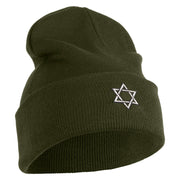 Small Silver Star of David Iron on Patched 12 Inch Long Knitted Beanie - Olive OSFM