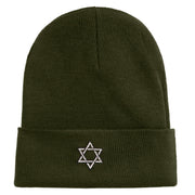 Small Silver Star of David Iron on Patched 12 Inch Long Knitted Beanie - Olive OSFM