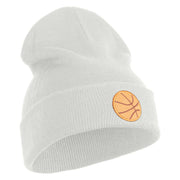 Small Basketball Iron on Patched 12 Inch Long Knitted Beanie - White OSFM