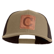 Large C Outline Faux Leather Patched Mesh Trucker Cap - Brown Khaki OSFM