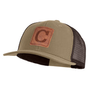 Large C Outline Faux Leather Patched Mesh Trucker Cap - Brown Khaki OSFM