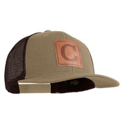 Large C Outline Faux Leather Patched Mesh Trucker Cap - Brown Khaki OSFM