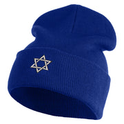 Small Silver Star of David Iron on Patched 12 Inch Long Knitted Beanie - Royal OSFM