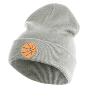 Small Basketball Iron on Patched 12 Inch Long Knitted Beanie - Heather Grey OSFM