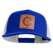 Large C Outline Faux Leather Patched Mesh Trucker Cap - Royal White OSFM