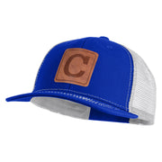 Large C Outline Faux Leather Patched Mesh Trucker Cap - Royal White OSFM