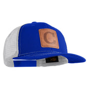 Large C Outline Faux Leather Patched Mesh Trucker Cap - Royal White OSFM