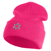 Small Silver Star of David Iron on Patched 12 Inch Long Knitted Beanie - Magenta OSFM