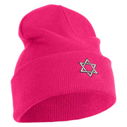 Small Silver Star of David Iron on Patched 12 Inch Long Knitted Beanie - Magenta OSFM
