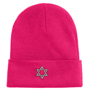 Small Silver Star of David Iron on Patched 12 Inch Long Knitted Beanie - Magenta OSFM