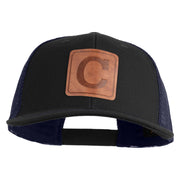 Large C Outline Faux Leather Patched Mesh Trucker Cap - Black Navy OSFM