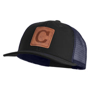 Large C Outline Faux Leather Patched Mesh Trucker Cap - Black Navy OSFM