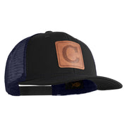 Large C Outline Faux Leather Patched Mesh Trucker Cap - Black Navy OSFM