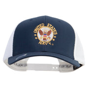 Licensed US Navy Circle Emblem Embroidered Flexfit 2 Tone Mesh Cap - Navy-White OSFM