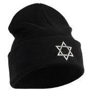 Large Silver Star of David Iron on Patched 12 Inch Long Knitted Beanie - Black OSFM