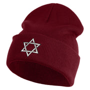 Large Silver Star of David Iron on Patched 12 Inch Long Knitted Beanie - Maroon OSFM