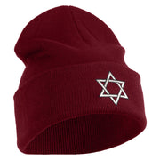 Large Silver Star of David Iron on Patched 12 Inch Long Knitted Beanie - Maroon OSFM