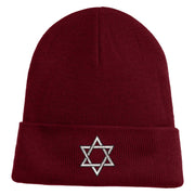 Large Silver Star of David Iron on Patched 12 Inch Long Knitted Beanie - Maroon OSFM