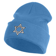 Large Silver Star of David Iron on Patched 12 Inch Long Knitted Beanie - Sky Blue OSFM