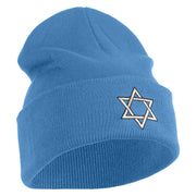 Large Silver Star of David Iron on Patched 12 Inch Long Knitted Beanie - Sky Blue OSFM