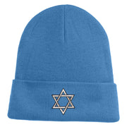 Large Silver Star of David Iron on Patched 12 Inch Long Knitted Beanie - Sky Blue OSFM