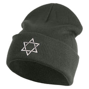 Large Silver Star of David Iron on Patched 12 Inch Long Knitted Beanie - Dark Grey OSFM