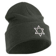 Large Silver Star of David Iron on Patched 12 Inch Long Knitted Beanie - Dark Grey OSFM