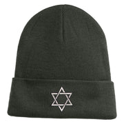 Large Silver Star of David Iron on Patched 12 Inch Long Knitted Beanie - Dark Grey OSFM
