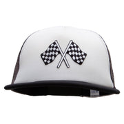 Checkered Flags Racing Patched Flat Bill Foam Camo Mesh Trucker Cap