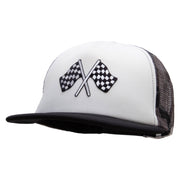 Checkered Flags Racing Patched Flat Bill Foam Camo Mesh Trucker Cap