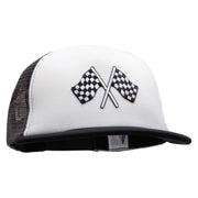 Checkered Flags Racing Patched Flat Bill Foam Camo Mesh Trucker Cap