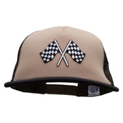 Checkered Flags Racing Patched Flat Bill Foam Camo Mesh Trucker Cap