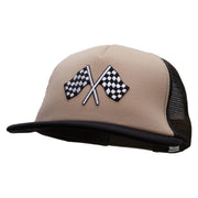 Checkered Flags Racing Patched Flat Bill Foam Camo Mesh Trucker Cap