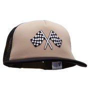 Checkered Flags Racing Patched Flat Bill Foam Camo Mesh Trucker Cap