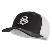 Old English White S Patched Cotton Deluxe Trucker Ball Cap - Black White OSFM