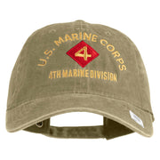 U.S. Marine Corps 4th Marine Division Embroidered Washed Solid Pigment Dyed Cotton Twill Brass Buckle Cap - Khaki OSFM