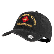 U.S. Marine Corps 4th Marine Division Embroidered Washed Solid Pigment Dyed Cotton Twill Brass Buckle Cap - Black OSFM