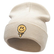 Melting Happy Face Embroidered 12 Inch Long Knitted Beanie - Birch OSFM