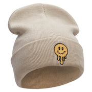 Melting Happy Face Embroidered 12 Inch Long Knitted Beanie - Birch OSFM