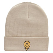 Melting Happy Face Embroidered 12 Inch Long Knitted Beanie - Birch OSFM