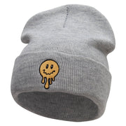 Melting Happy Face Embroidered 12 Inch Long Knitted Beanie - Heather-Grey OSFM