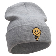 Melting Happy Face Embroidered 12 Inch Long Knitted Beanie - Heather-Grey OSFM