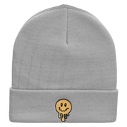 Melting Happy Face Embroidered 12 Inch Long Knitted Beanie - Heather-Grey OSFM